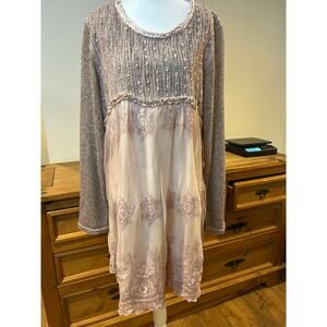 SIMPLY COUTURE Sz L Pink Gray Camel Knit Tunic Dress Lace Embroidered Twee Fairy